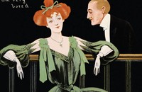 A vintage illustration of a man and woman in formal attire, with the caption "I am very bored"