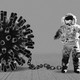 An astronaut shackled to a coronavirus particle