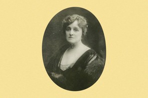 A circular black-and-white portrait of Edith Wharton