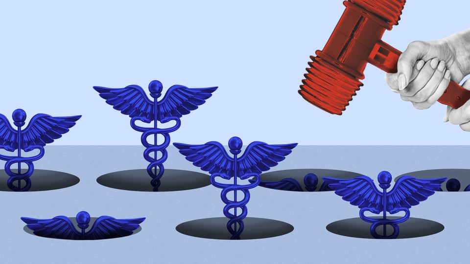 a pair of grayscale hands hold a red plastic mallet and aim at blue medical symbols popping up from holes