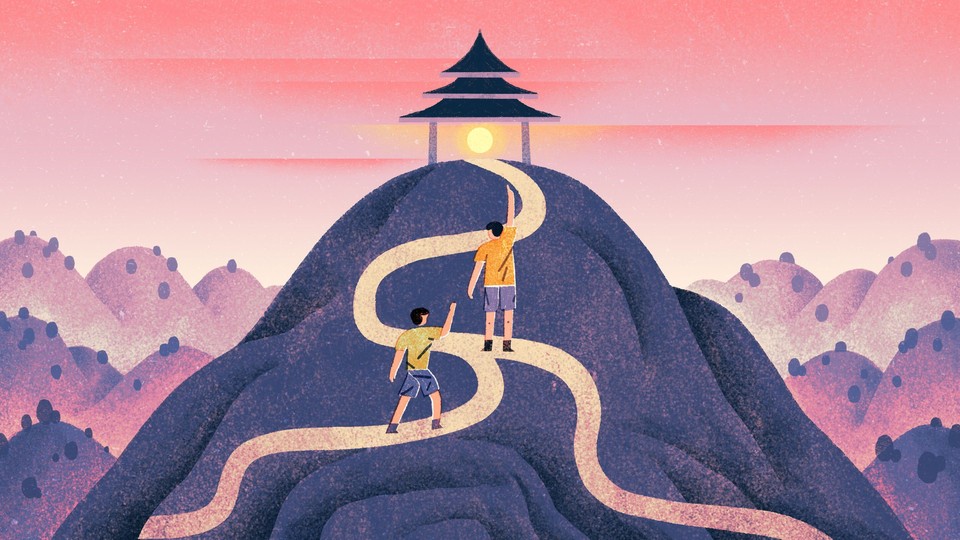 illustration of two friends climbing a mountain