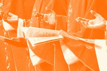 Three sets of hands lifted in prayer and holding a homily