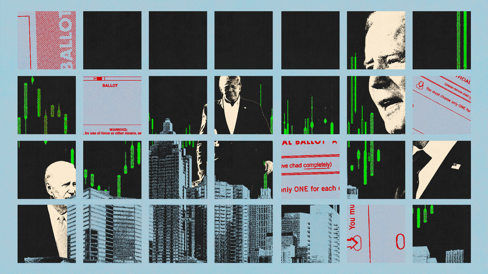 Collage showing cities, Joe Biden, Donald Trump, and ballots