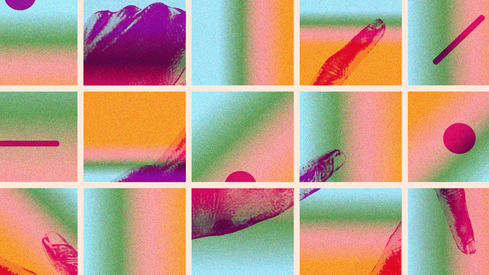 A colorful collage with hands and geometric objects