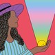 A woman stands holding a smiley face in her palm; a rainbow beam of light emanates from the smiley face to the heavens.
