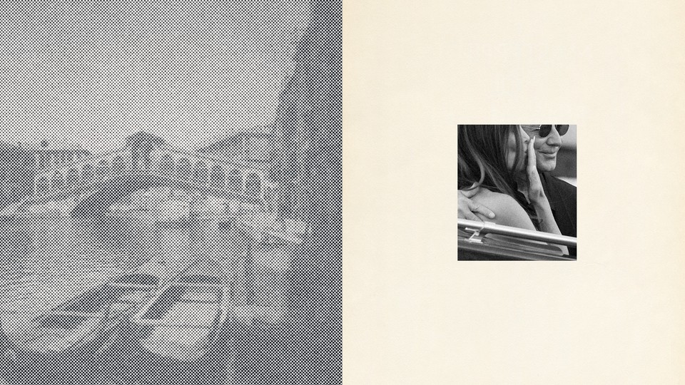 A photo-illustration split down the middle with Venice on the left and an image of Jeff Bezos and Lauren Sánchez on the right.