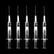 Graphic illustration of five white upright syringes in a line, on a black background.