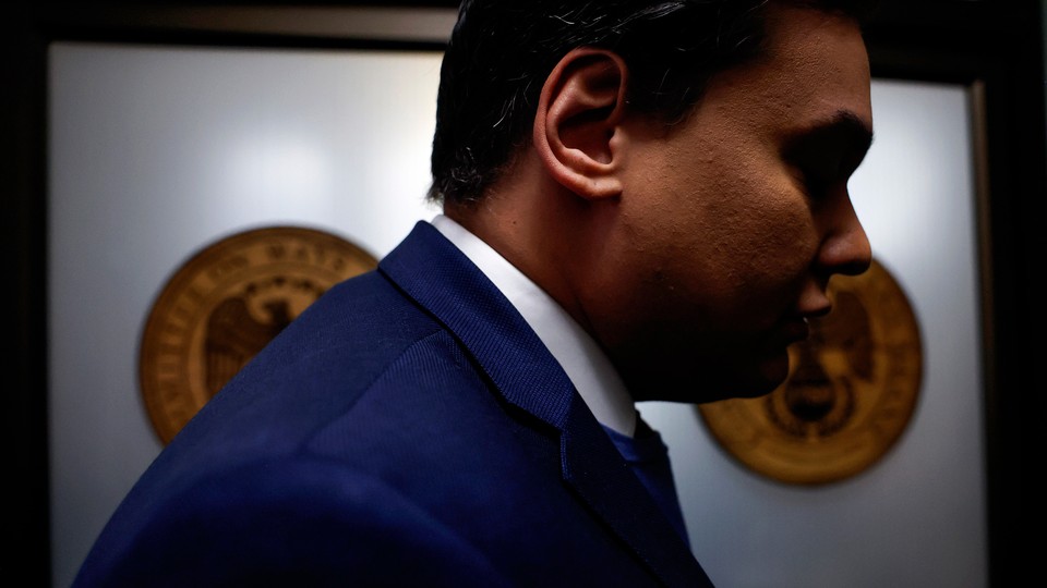 George Santos in contralux, surrounded by halo of ominous light