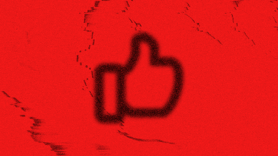 A Facebook "like" icon set against a red background