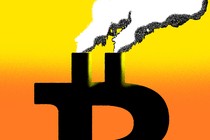 A bitcoin logo with smokestacks at the top