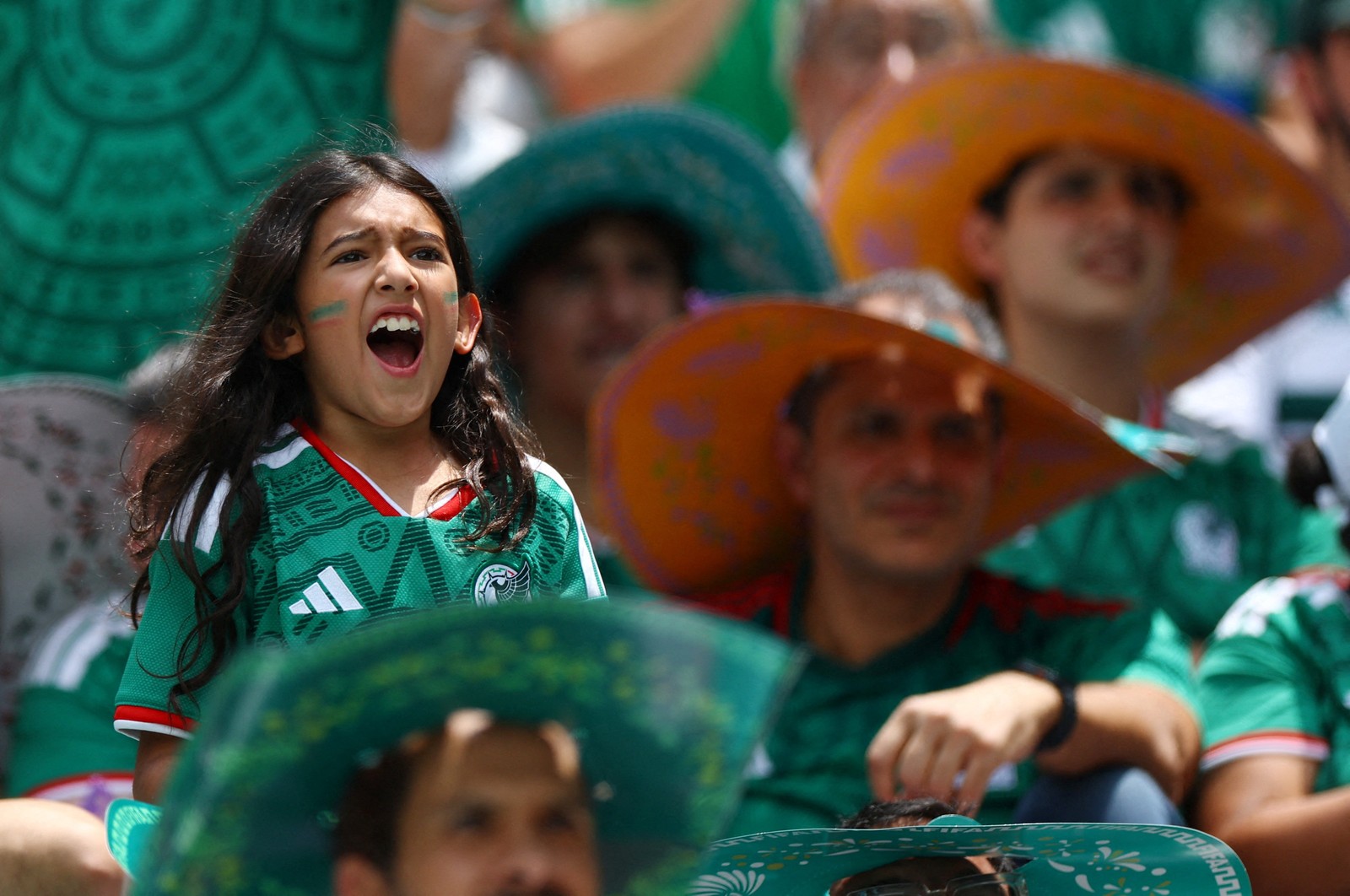 Team Mexico fans cheer during a soccer match.