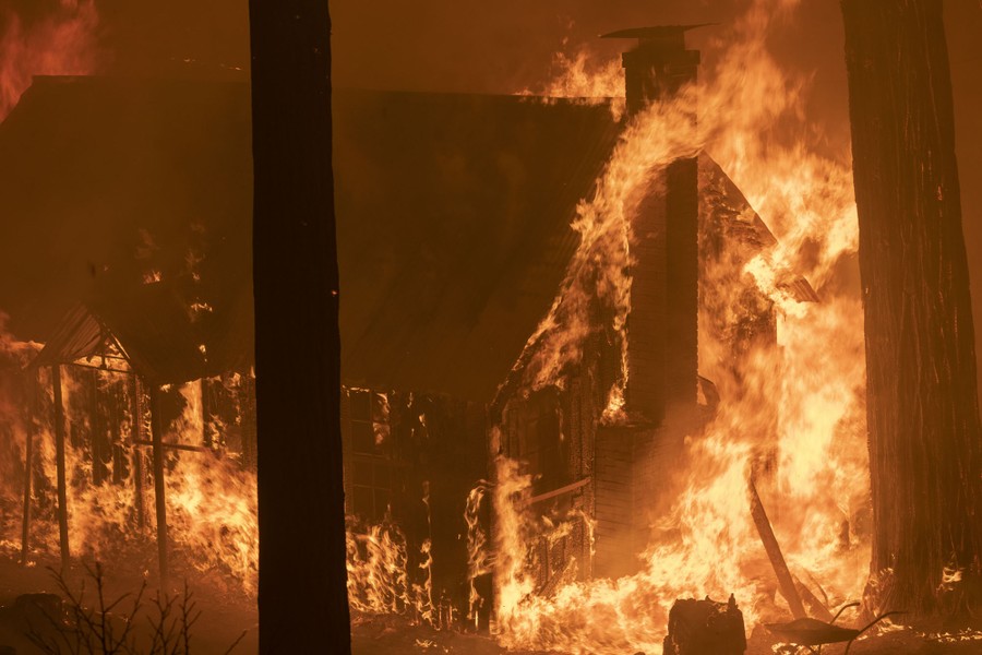 A cabin is completely consumed by a forest fire.