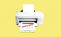 An image of a sheet of paper, which reads "PAST DUE" in red text, resting atop a printer