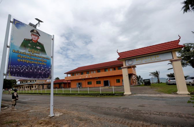 Sailors stand guard at the Cambodian Ream Naval Base in Sihanoukville.