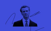 A photo illustration of Gavin Newsom on a blue background