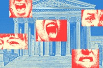 Images of upset faces overlaying an image of the Supreme Court