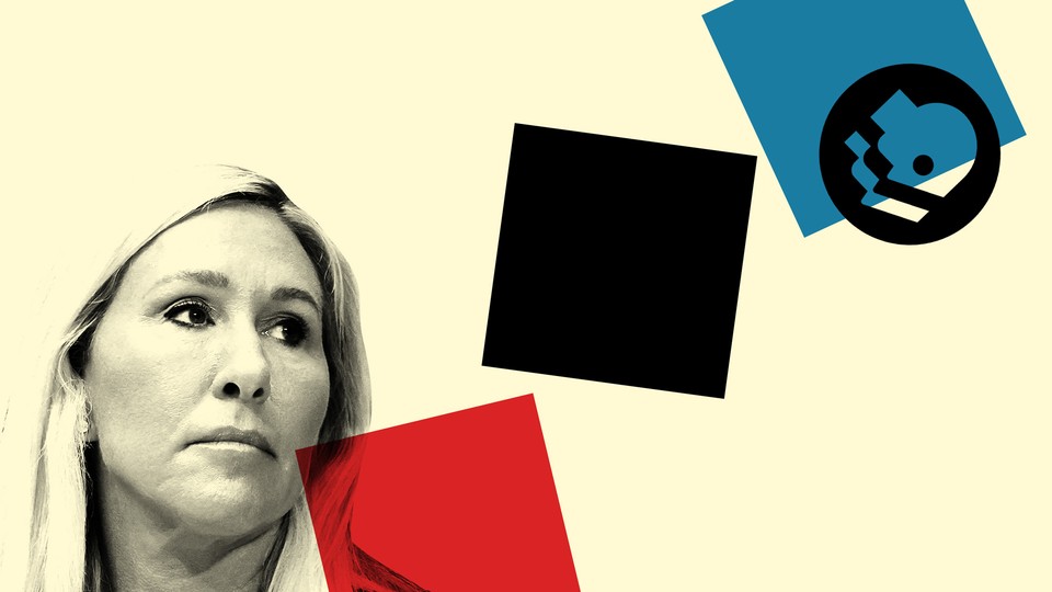 Photo-illustration of Marjorie Taylor Greene with elements of the NPR and PBS logos