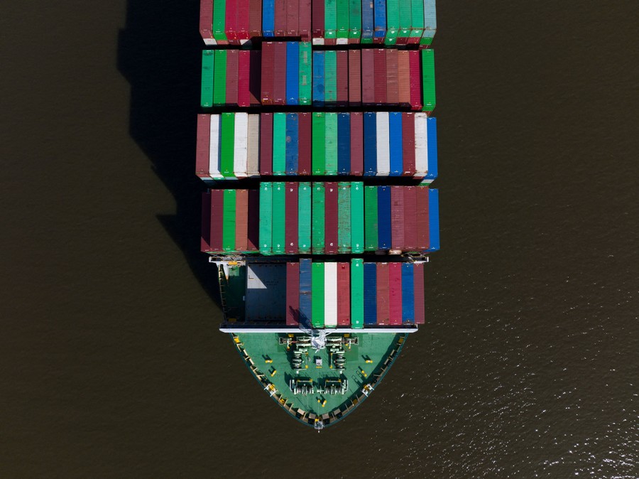 An aerial view of a container ship