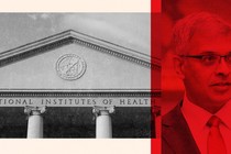 A diptych of the NIH in gray scale and Jay Bhattacharya washed red