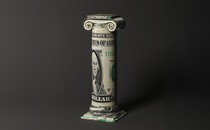 illustration of an ionic column made of a rolled dollar bill on gray background