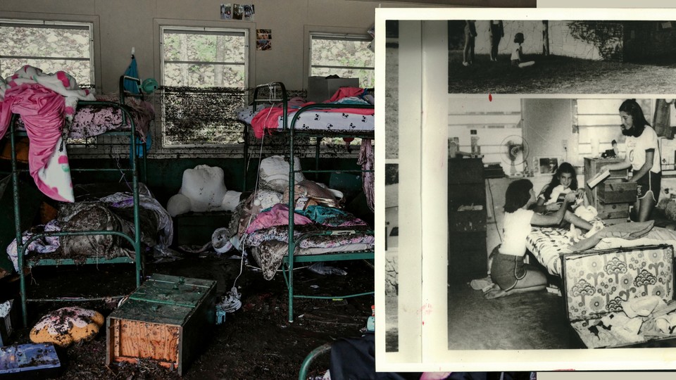 A vintage black-and-white photo of girls in a cabin at Camp Mystic, next to an image of a cabin at Camp Mystic, ruined by flood damage.