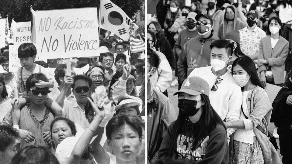 Korean-Americans in 1992 after the Rodney King riots; An anti-Asian violence rally in Los Angeles in 2021.
