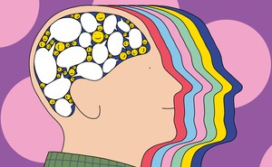 An illustration of a cross-section of a person's head, in which their brain is full of smiley faces and speech bubbles