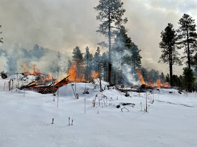 Burning wood piles against a smoky sky