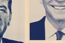 A photo-illustration featuring images of Ronald Reagan and Joe Biden