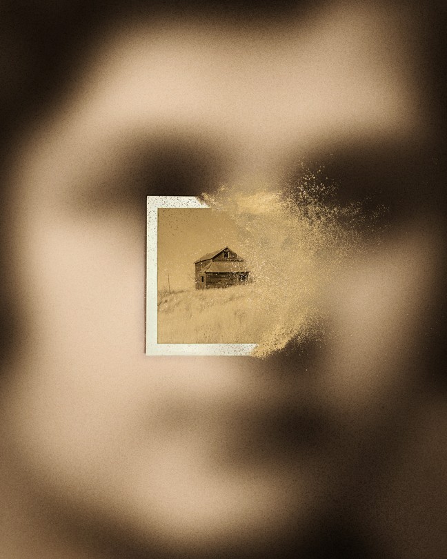 A faded image of a house that's turning into dust, superimposed on a blurry image of a woman's face