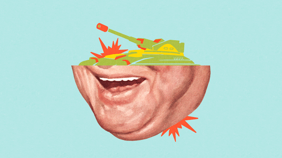 An illustration combining a laughing face and a tank