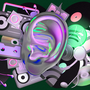 An illustration of a large, shiny ear with CDs, records, cassette tapes, iPod shuffles, headphones, stereos, and the Spotify logo behind it.