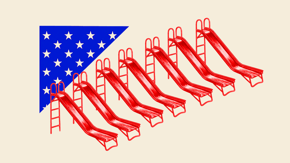 An illustration of playground slides stylized in the colors of the American flag.