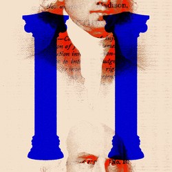 An illustration of columns, the Founding Fathers, and the Constitution