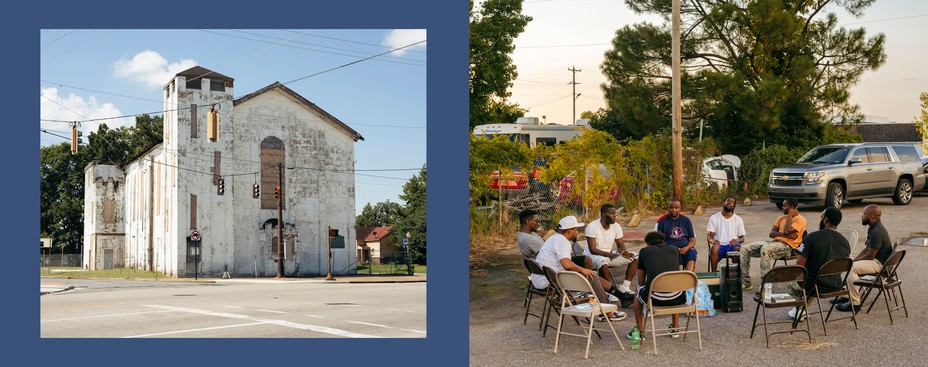 dipytch: a boarded up church; a group of men sitting in chairs outside talking