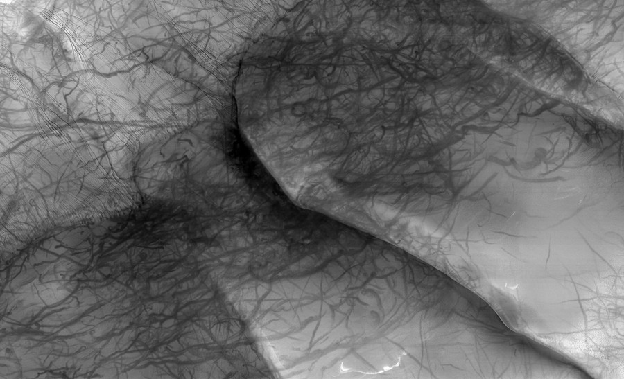 Swirling scribbles cross dunes and ridges, seen from orbit.