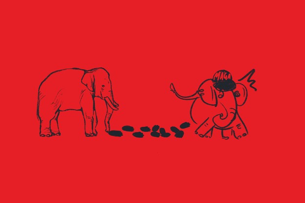 Illustration of two elephants, one standing quietly and one stampeding, separated by footprints on a field of red.