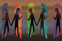 In an illustration, five different figures look down in arched columns