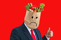 A frowning bag of groceries gives a thumbs up