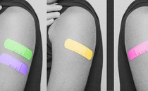 Photos of a person's rolled-up sleeve, with either one or two band-aids on the shoulder