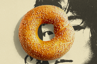 A black-and-white sketch of an Asian woman against a cream background. A sesame bagel is centered over her left eye.
