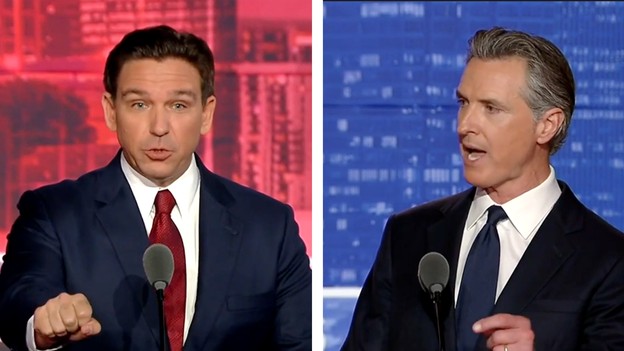 Diptych of DeSantis on a red background talking and Newsom on a blue background talking