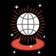 illustration of white globe with longitude/latitude grid as a crystal ball with red glow and white stars on black background