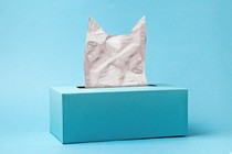 A tissue box with a tissue in it shaped as the silhouette of a cat