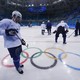 Members of the U.S. men's ice hockey team team train.