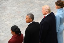 Michelle Obama, Barack Obama, Donald Trump, and Melania Trump stand together.