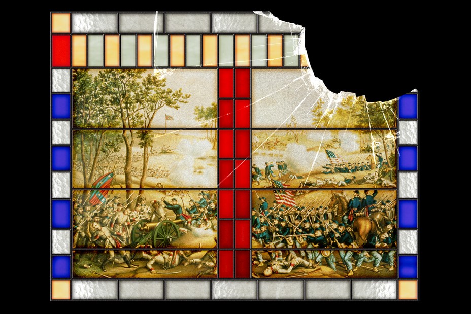 Illustration: Broken stained-glass window showing Civil War battlefield 
