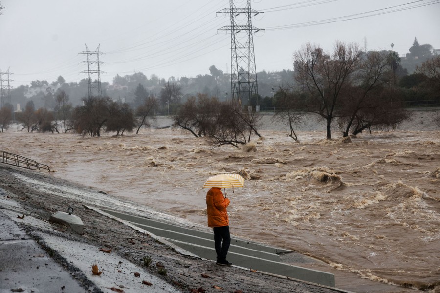 A person holding an umbrella watches a flooding river.