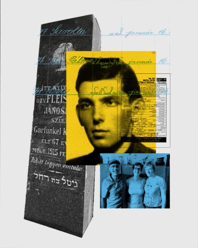 a collage of a photos: a solo portrait of a man, a headstone, and a family