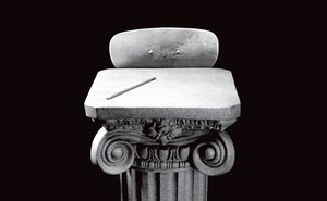 illustration of a school desk made from the top of an Ionic column with pencil on it